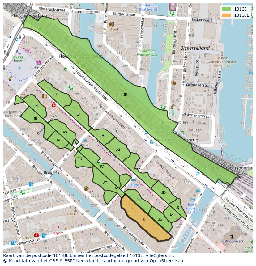 Afbeelding van het postcodegebied 1013 JL op de kaart.