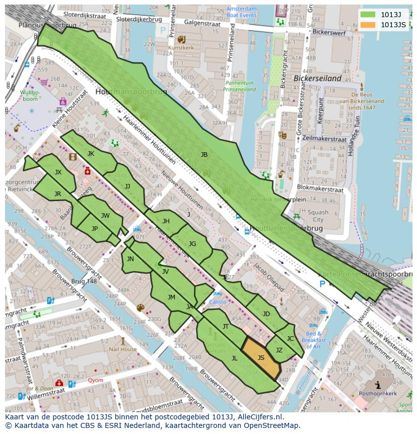 Afbeelding van het postcodegebied 1013 JS op de kaart.