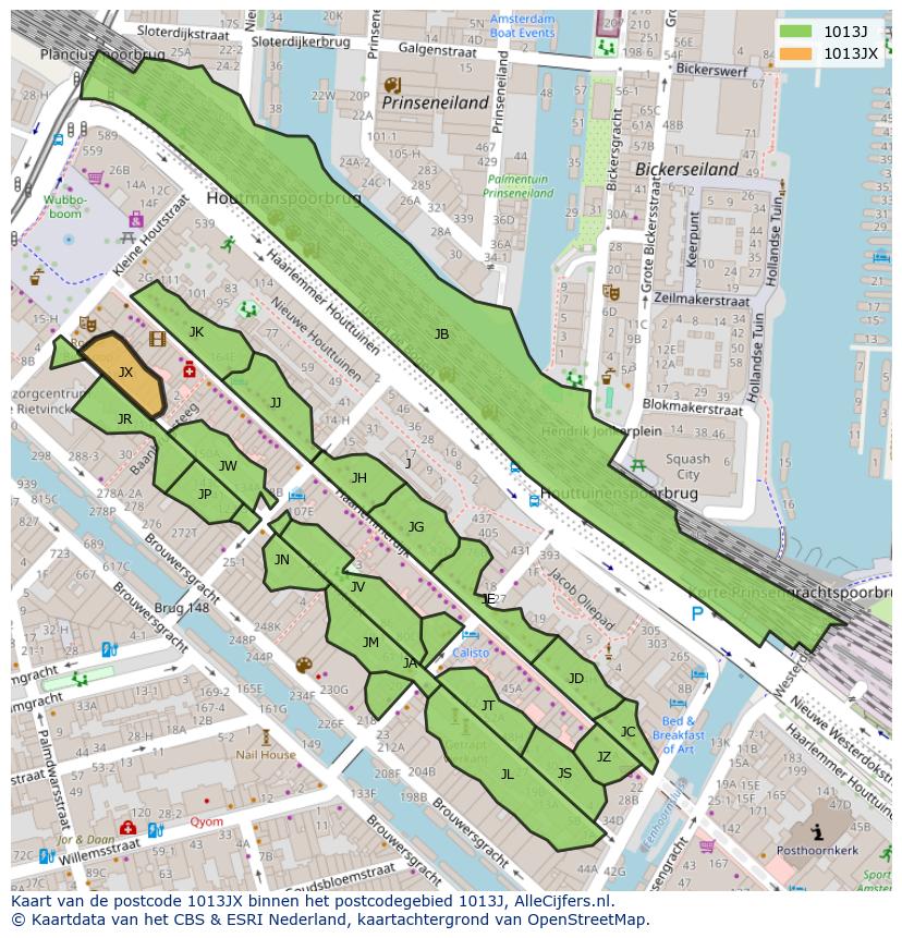 Afbeelding van het postcodegebied 1013 JX op de kaart.