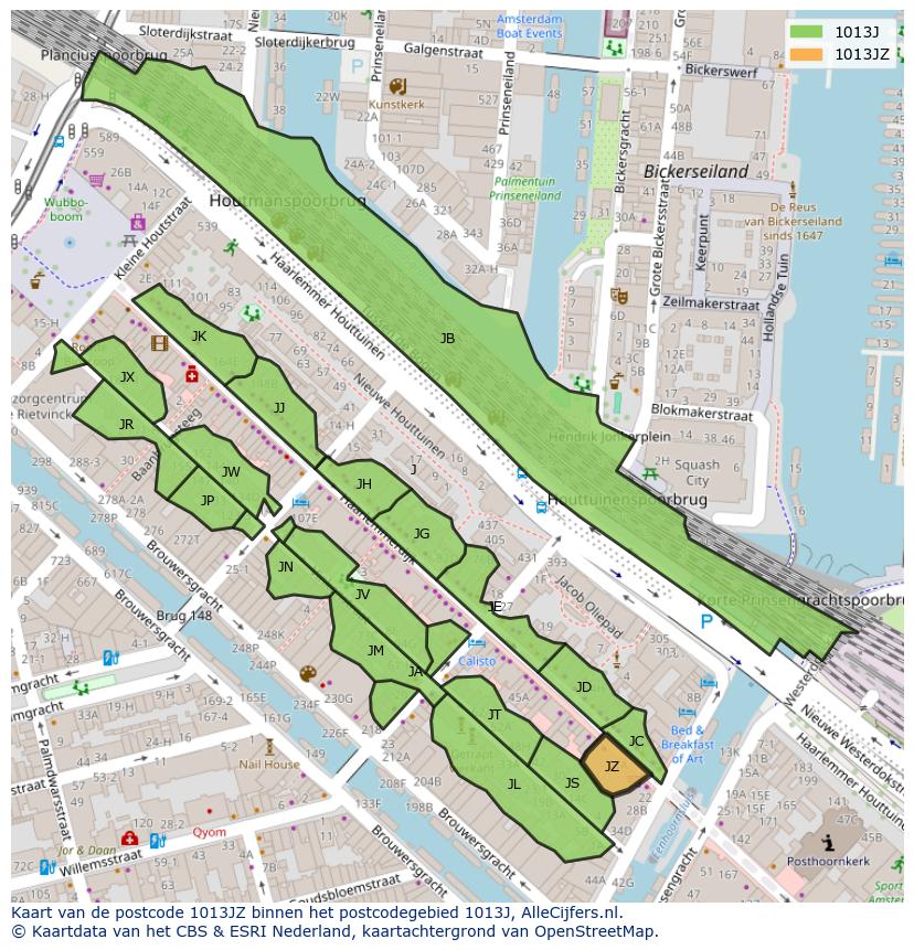 Afbeelding van het postcodegebied 1013 JZ op de kaart.