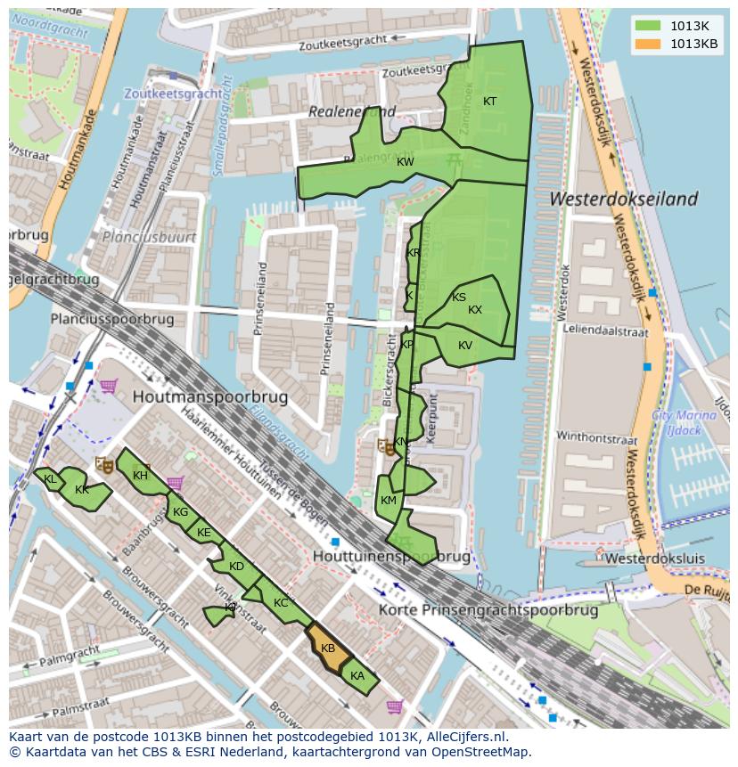 Afbeelding van het postcodegebied 1013 KB op de kaart.