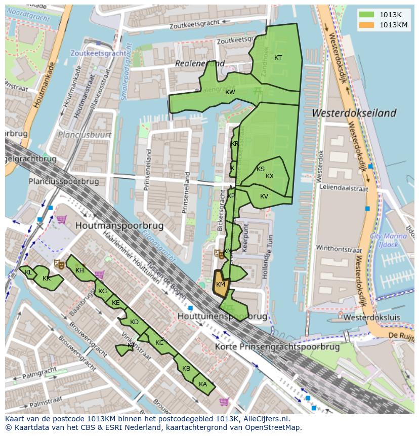 Afbeelding van het postcodegebied 1013 KM op de kaart.
