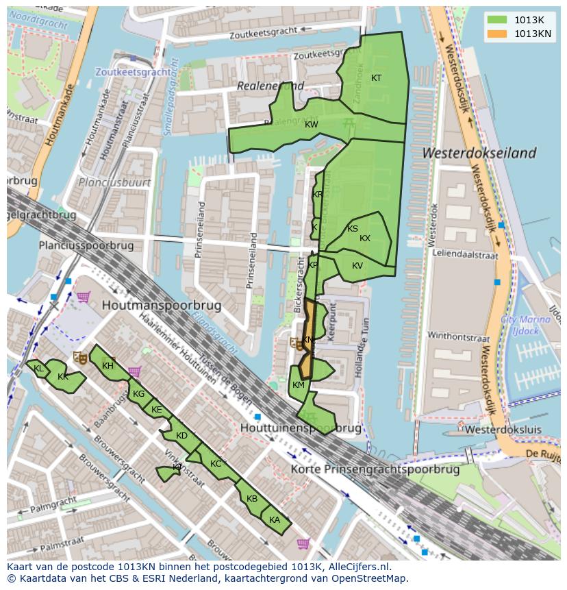 Afbeelding van het postcodegebied 1013 KN op de kaart.