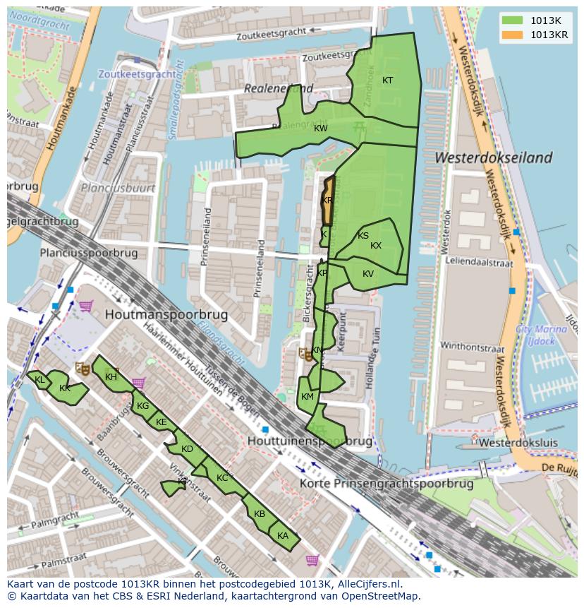 Afbeelding van het postcodegebied 1013 KR op de kaart.