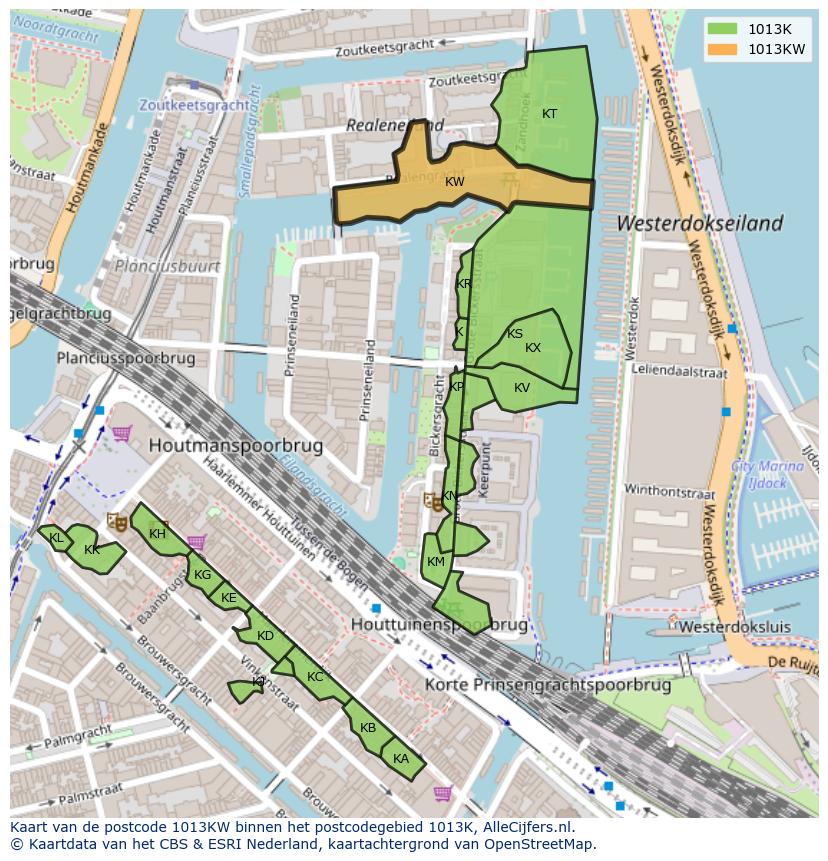 Afbeelding van het postcodegebied 1013 KW op de kaart.