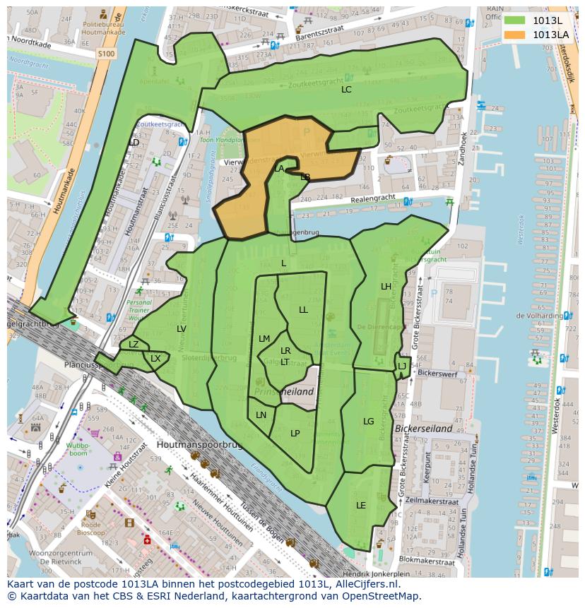 Afbeelding van het postcodegebied 1013 LA op de kaart.
