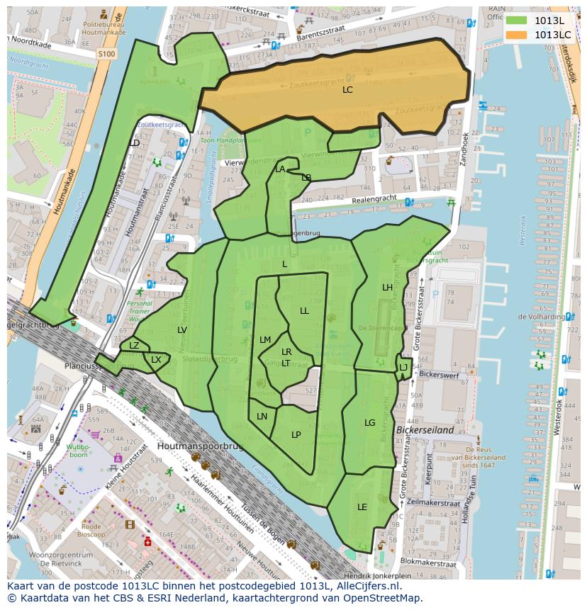Afbeelding van het postcodegebied 1013 LC op de kaart.