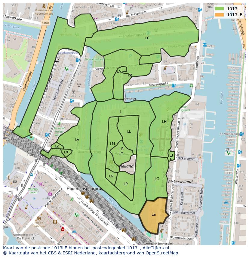 Afbeelding van het postcodegebied 1013 LE op de kaart.