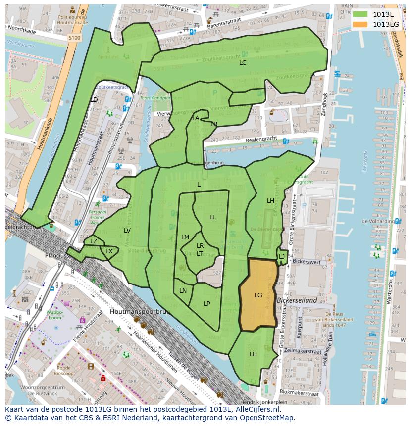 Afbeelding van het postcodegebied 1013 LG op de kaart.