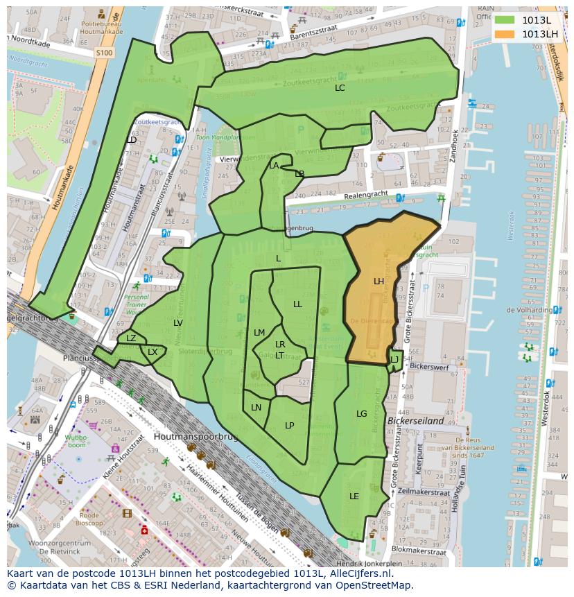 Afbeelding van het postcodegebied 1013 LH op de kaart.