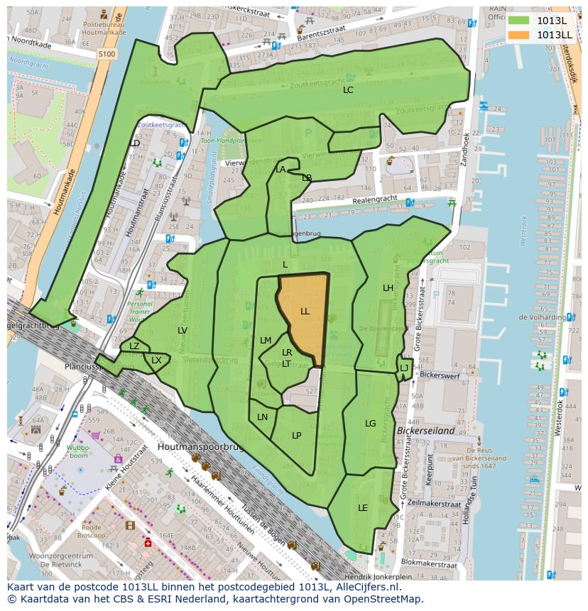 Afbeelding van het postcodegebied 1013 LL op de kaart.