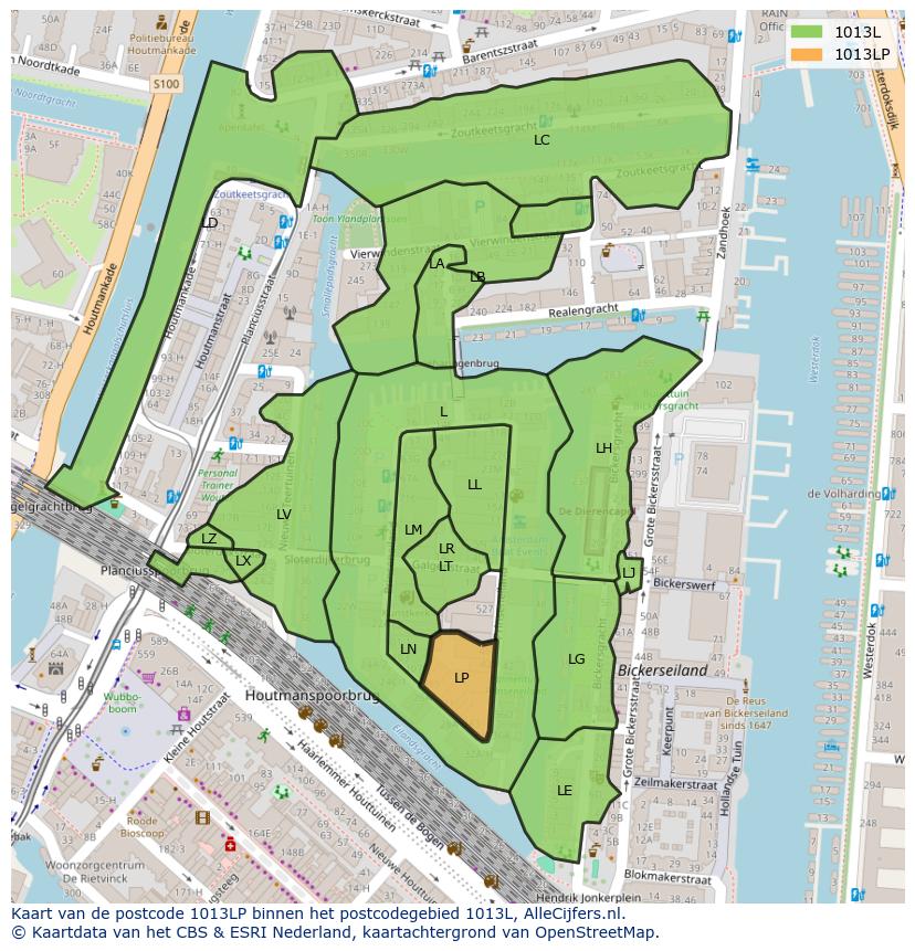 Afbeelding van het postcodegebied 1013 LP op de kaart.
