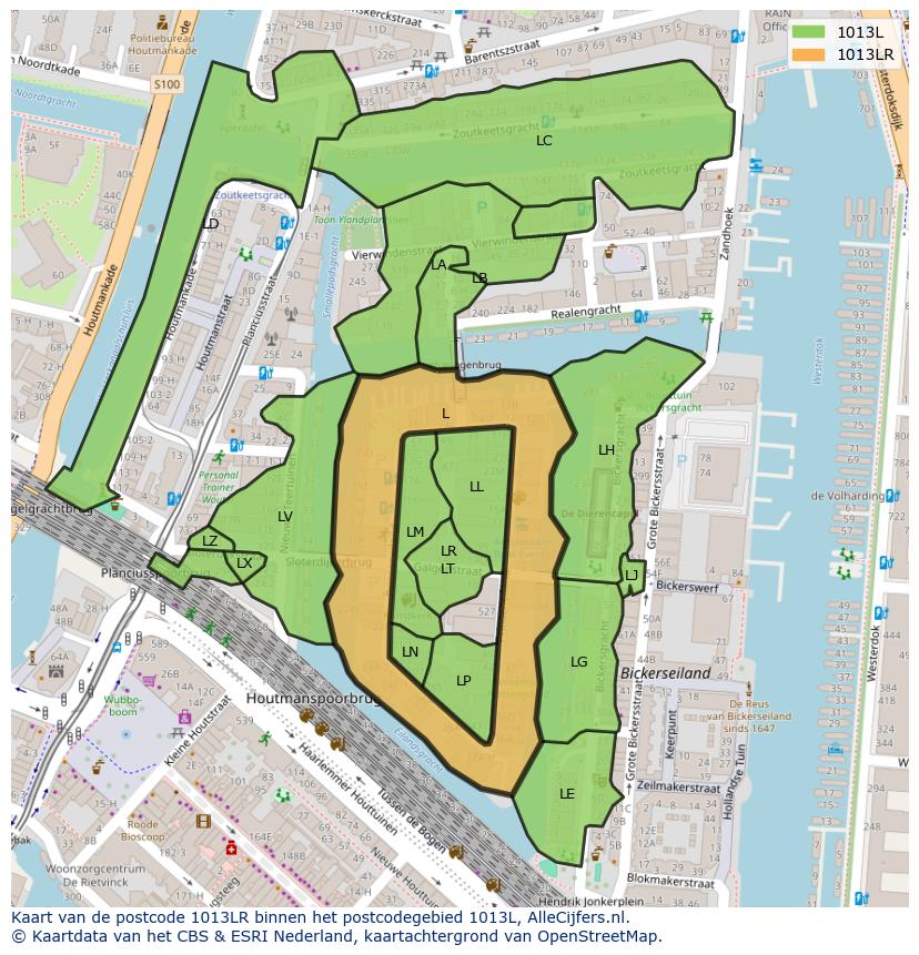 Afbeelding van het postcodegebied 1013 LR op de kaart.