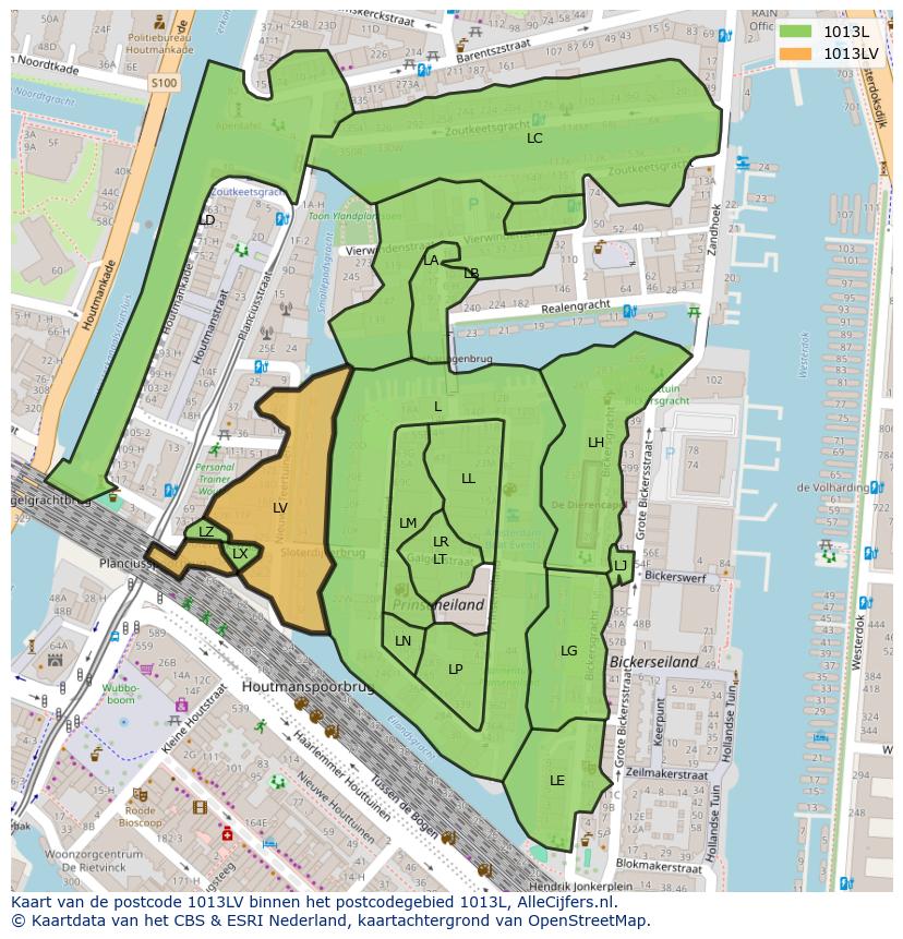 Afbeelding van het postcodegebied 1013 LV op de kaart.
