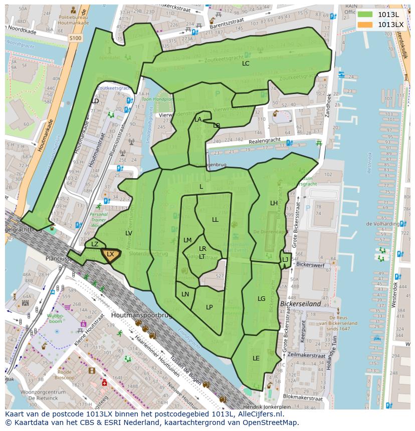 Afbeelding van het postcodegebied 1013 LX op de kaart.