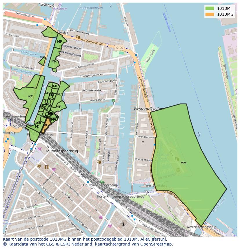 Afbeelding van het postcodegebied 1013 MG op de kaart.