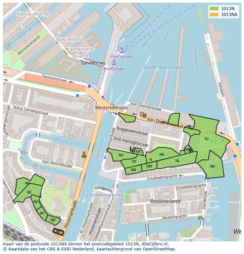 Afbeelding van het postcodegebied 1013 NA op de kaart.