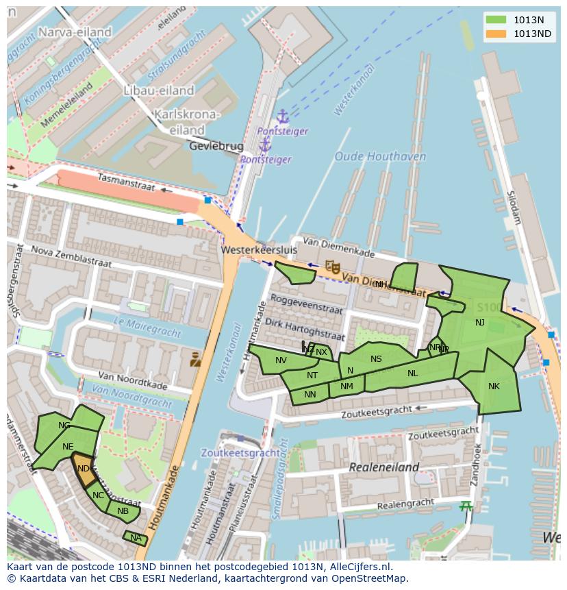 Afbeelding van het postcodegebied 1013 ND op de kaart.