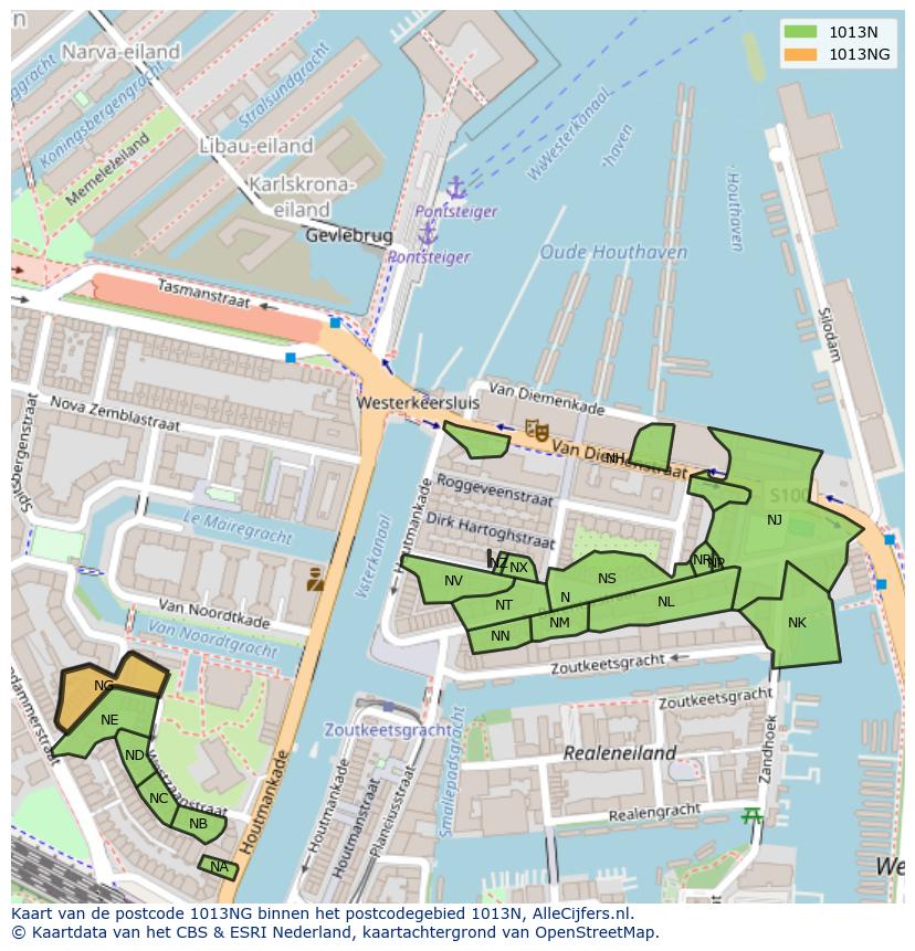 Afbeelding van het postcodegebied 1013 NG op de kaart.