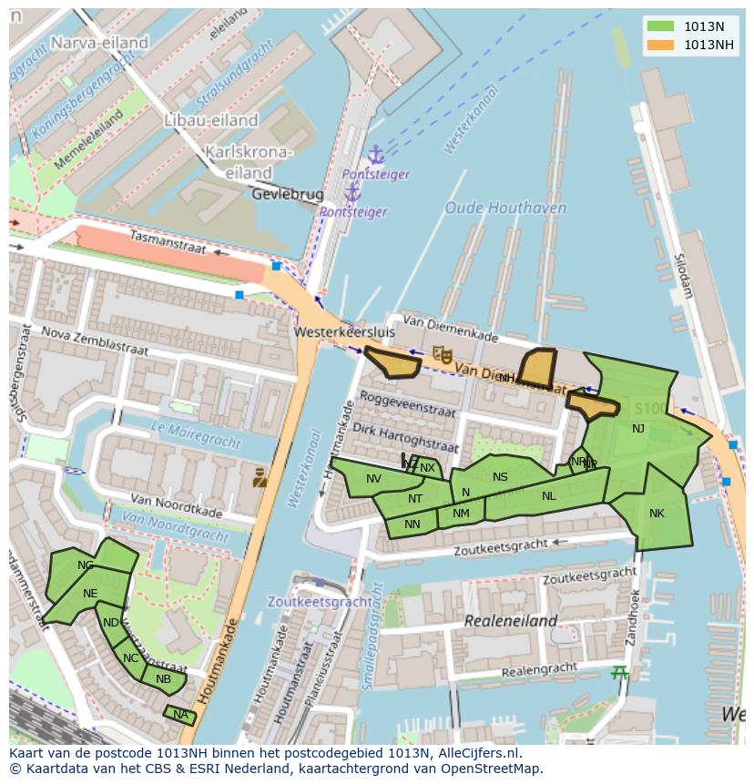 Afbeelding van het postcodegebied 1013 NH op de kaart.