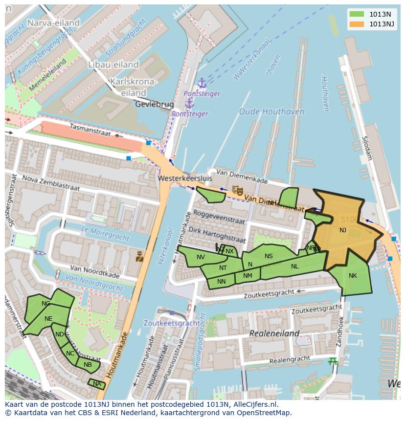 Afbeelding van het postcodegebied 1013 NJ op de kaart.