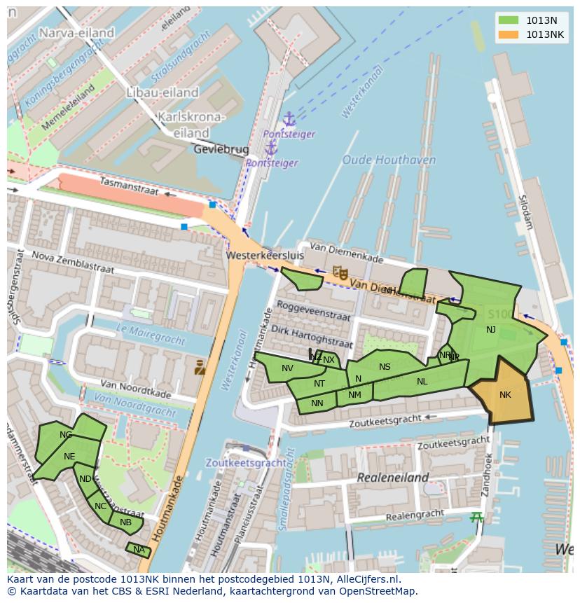 Afbeelding van het postcodegebied 1013 NK op de kaart.