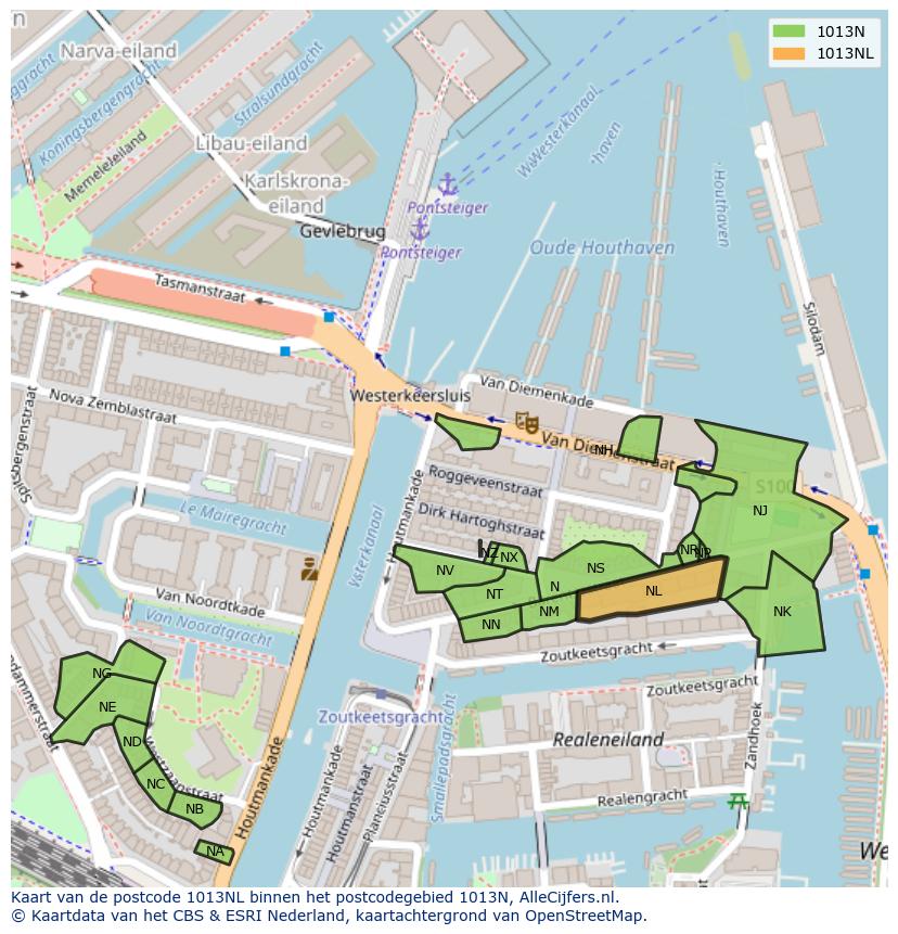 Afbeelding van het postcodegebied 1013 NL op de kaart.