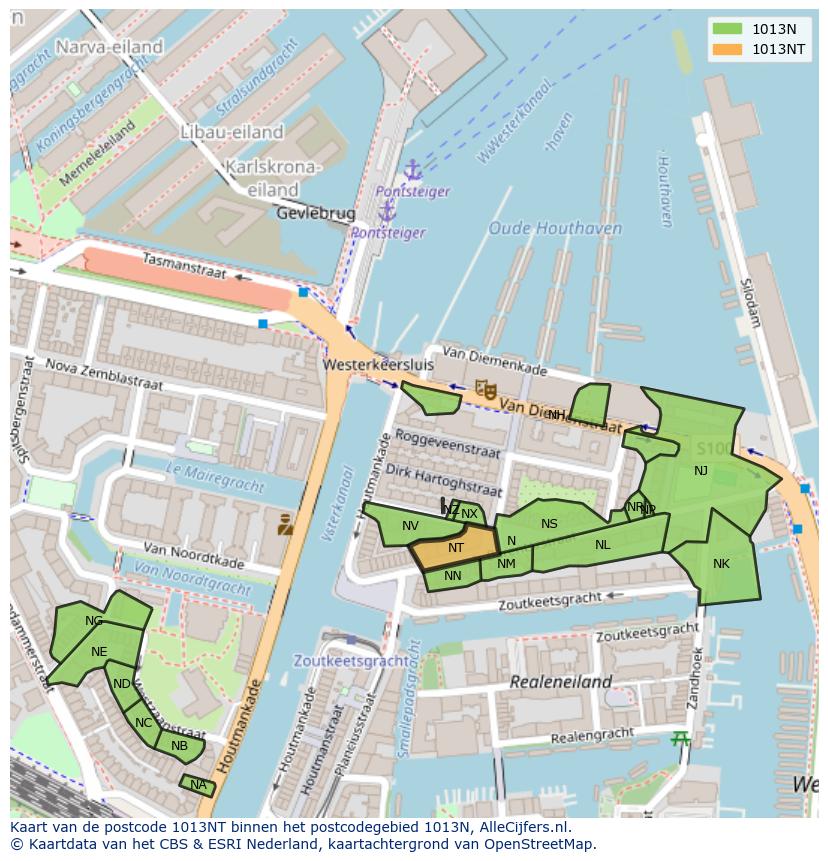 Afbeelding van het postcodegebied 1013 NT op de kaart.