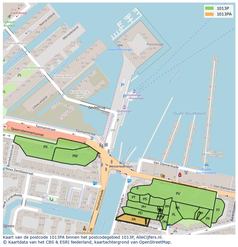 Afbeelding van het postcodegebied 1013 PA op de kaart.