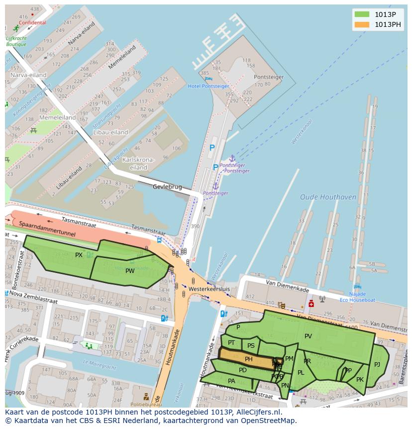 Afbeelding van het postcodegebied 1013 PH op de kaart.