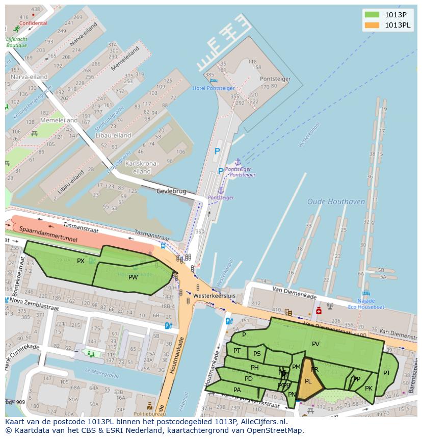Afbeelding van het postcodegebied 1013 PL op de kaart.