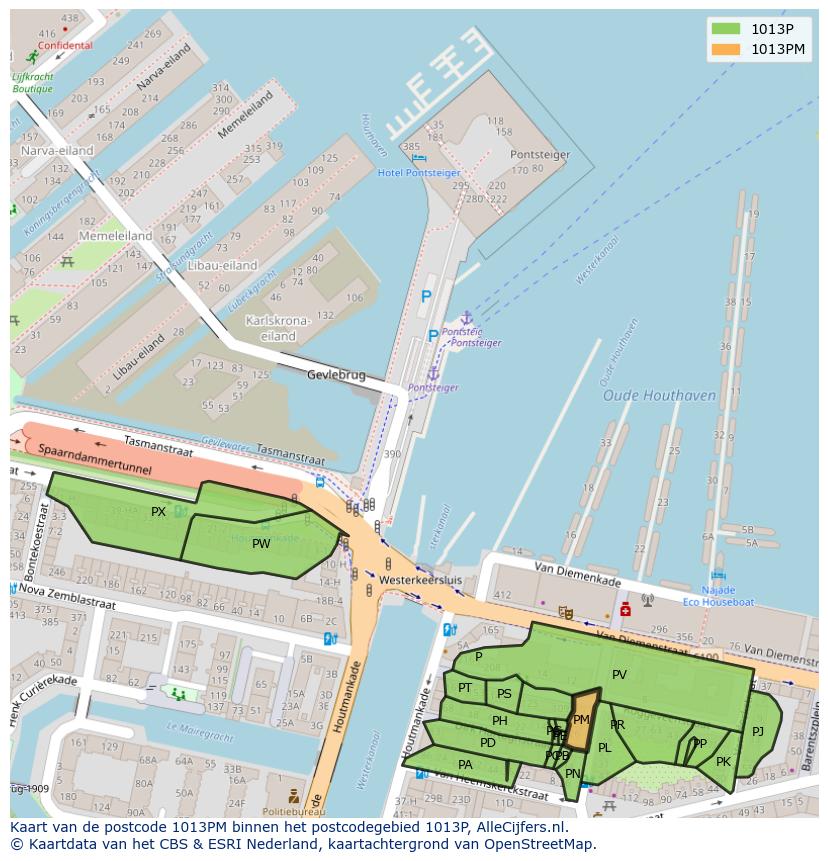 Afbeelding van het postcodegebied 1013 PM op de kaart.