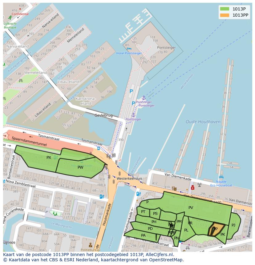 Afbeelding van het postcodegebied 1013 PP op de kaart.