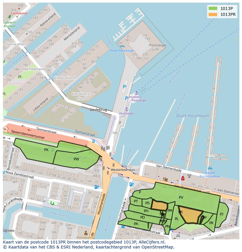 Afbeelding van het postcodegebied 1013 PR op de kaart.