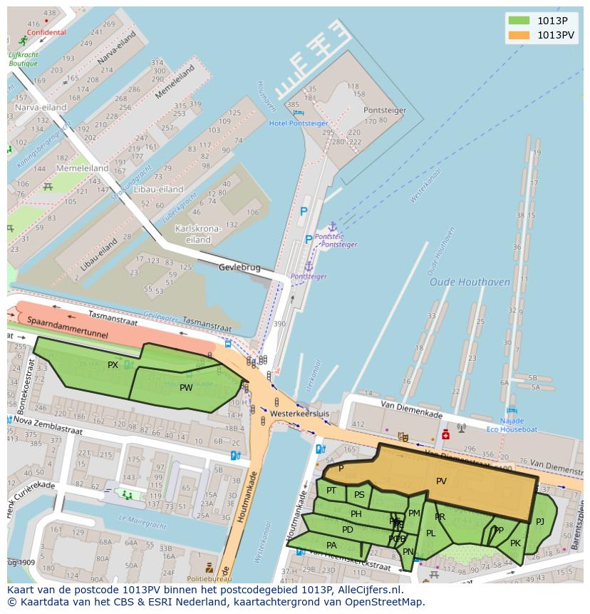 Afbeelding van het postcodegebied 1013 PV op de kaart.