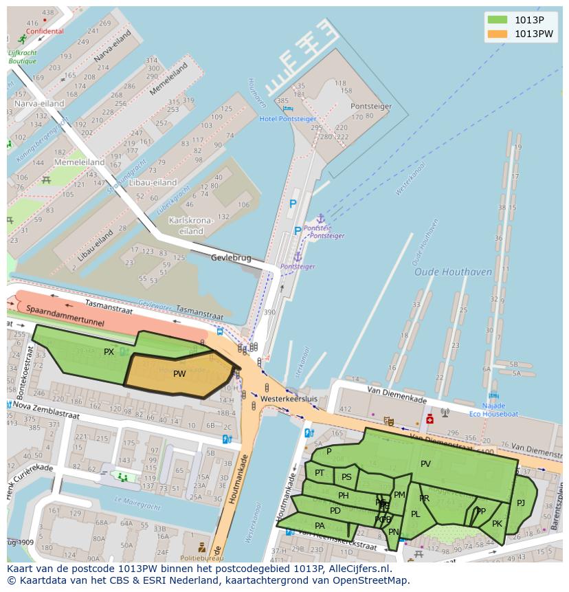 Afbeelding van het postcodegebied 1013 PW op de kaart.