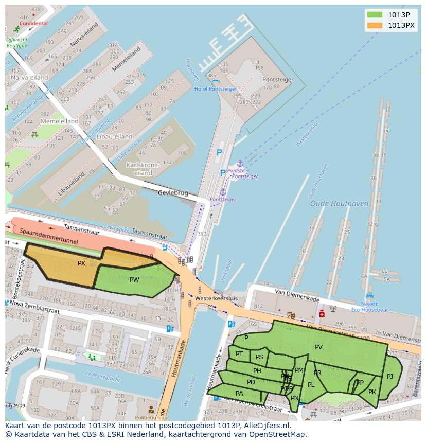 Afbeelding van het postcodegebied 1013 PX op de kaart.