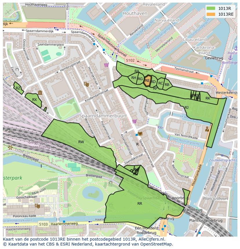 Afbeelding van het postcodegebied 1013 RE op de kaart.