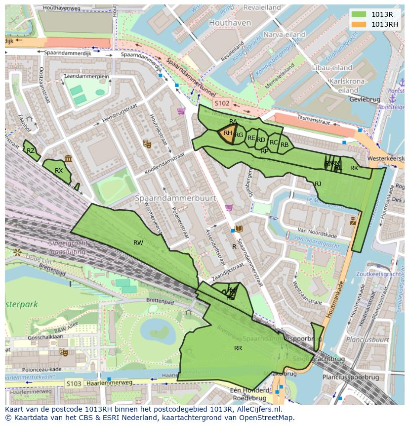 Afbeelding van het postcodegebied 1013 RH op de kaart.