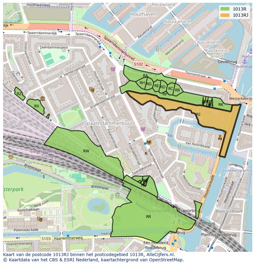 Afbeelding van het postcodegebied 1013 RJ op de kaart.