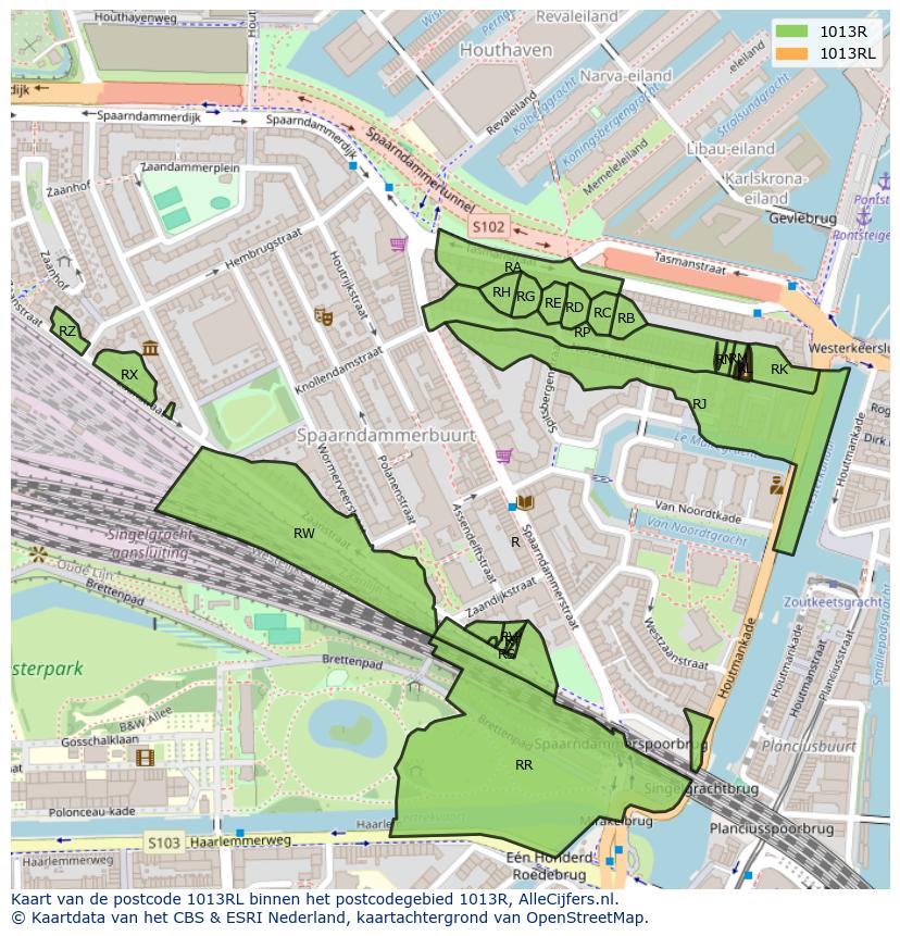 Afbeelding van het postcodegebied 1013 RL op de kaart.