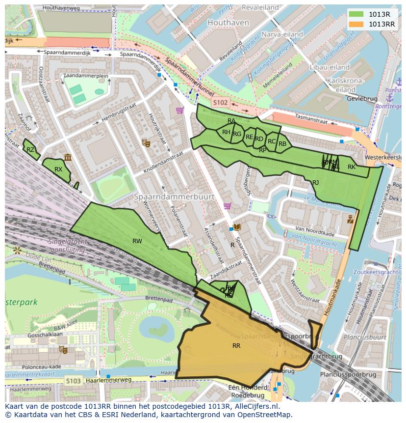 Afbeelding van het postcodegebied 1013 RR op de kaart.