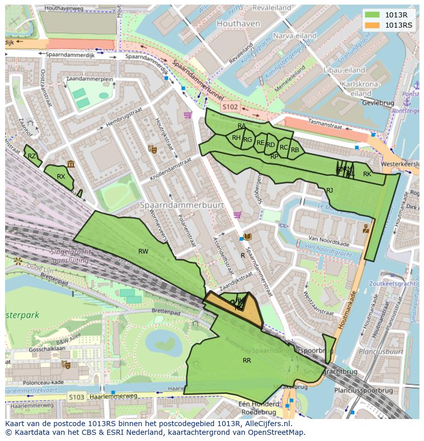 Afbeelding van het postcodegebied 1013 RS op de kaart.