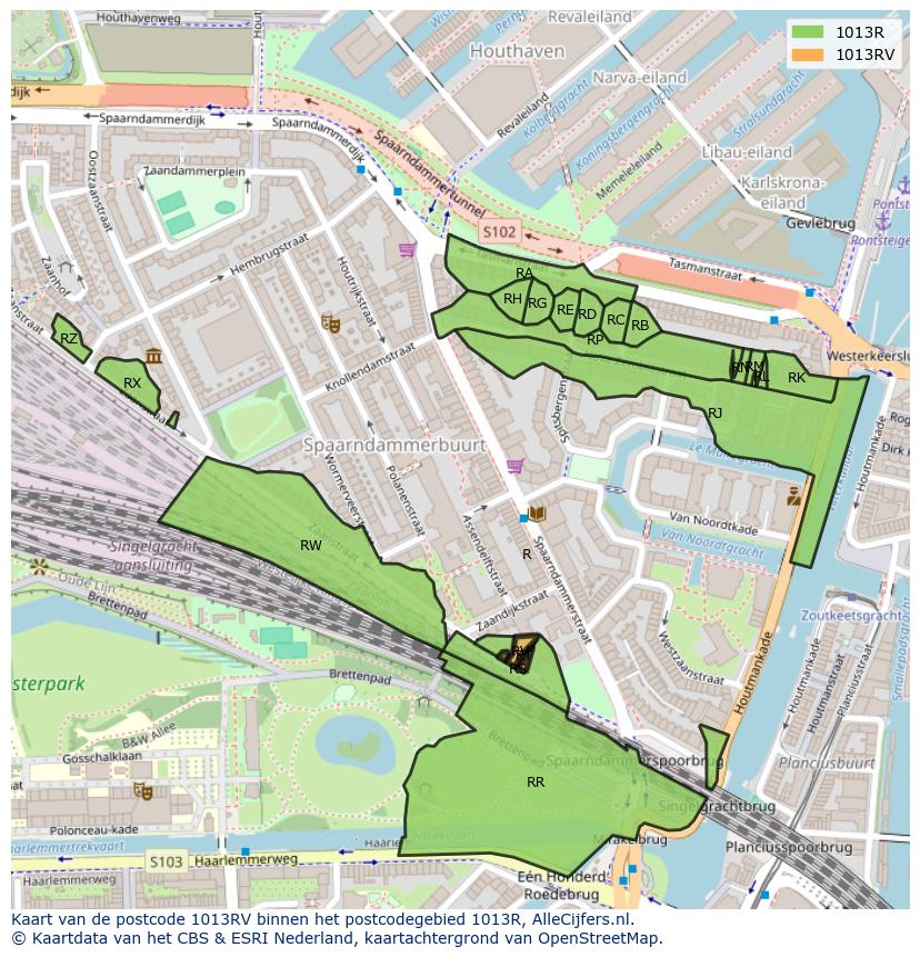 Afbeelding van het postcodegebied 1013 RV op de kaart.