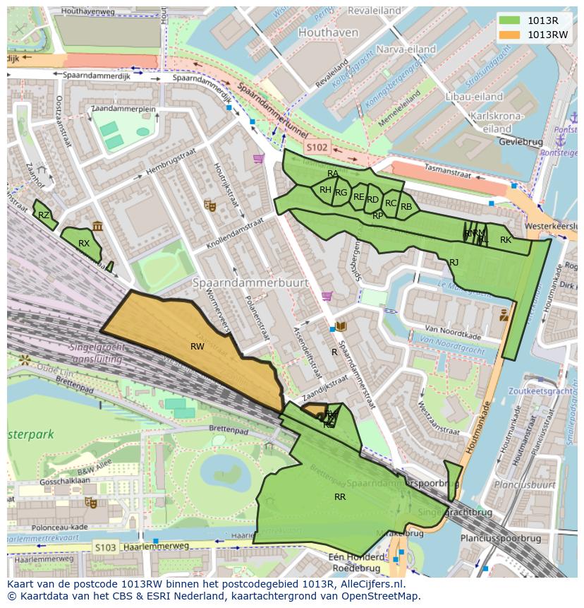 Afbeelding van het postcodegebied 1013 RW op de kaart.