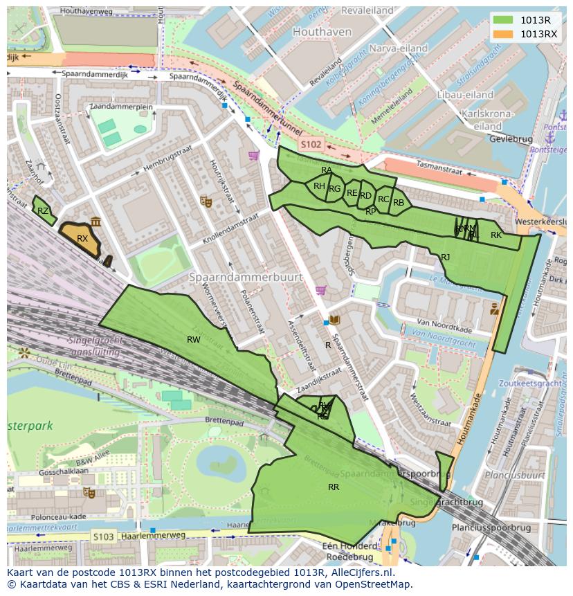 Afbeelding van het postcodegebied 1013 RX op de kaart.