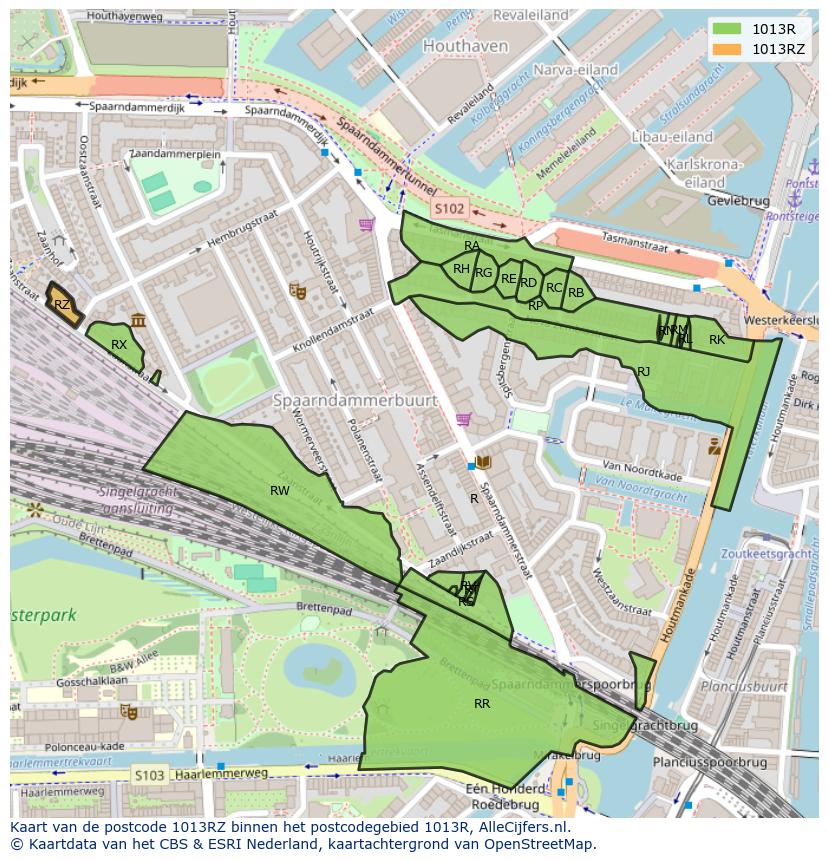 Afbeelding van het postcodegebied 1013 RZ op de kaart.