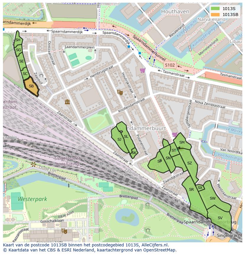 Afbeelding van het postcodegebied 1013 SB op de kaart.