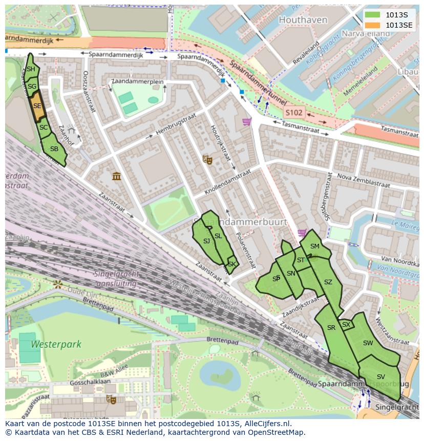Afbeelding van het postcodegebied 1013 SE op de kaart.