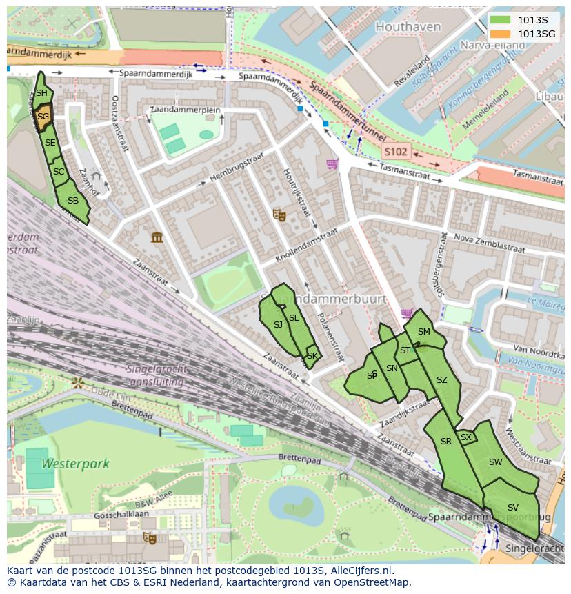 Afbeelding van het postcodegebied 1013 SG op de kaart.